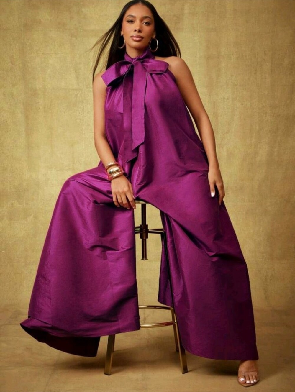 Plum Solid Taffeta Bow Tie Halter Neck Extreme Wide Leg Jumpsuit, Party - Picture 3 of 5
